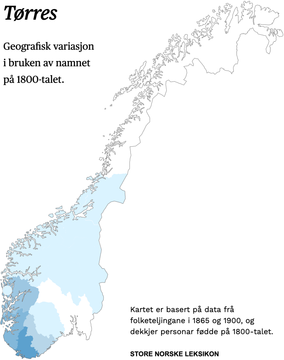 Geografisk variasjon i bruk av namnet Tørres på 1800-talet.