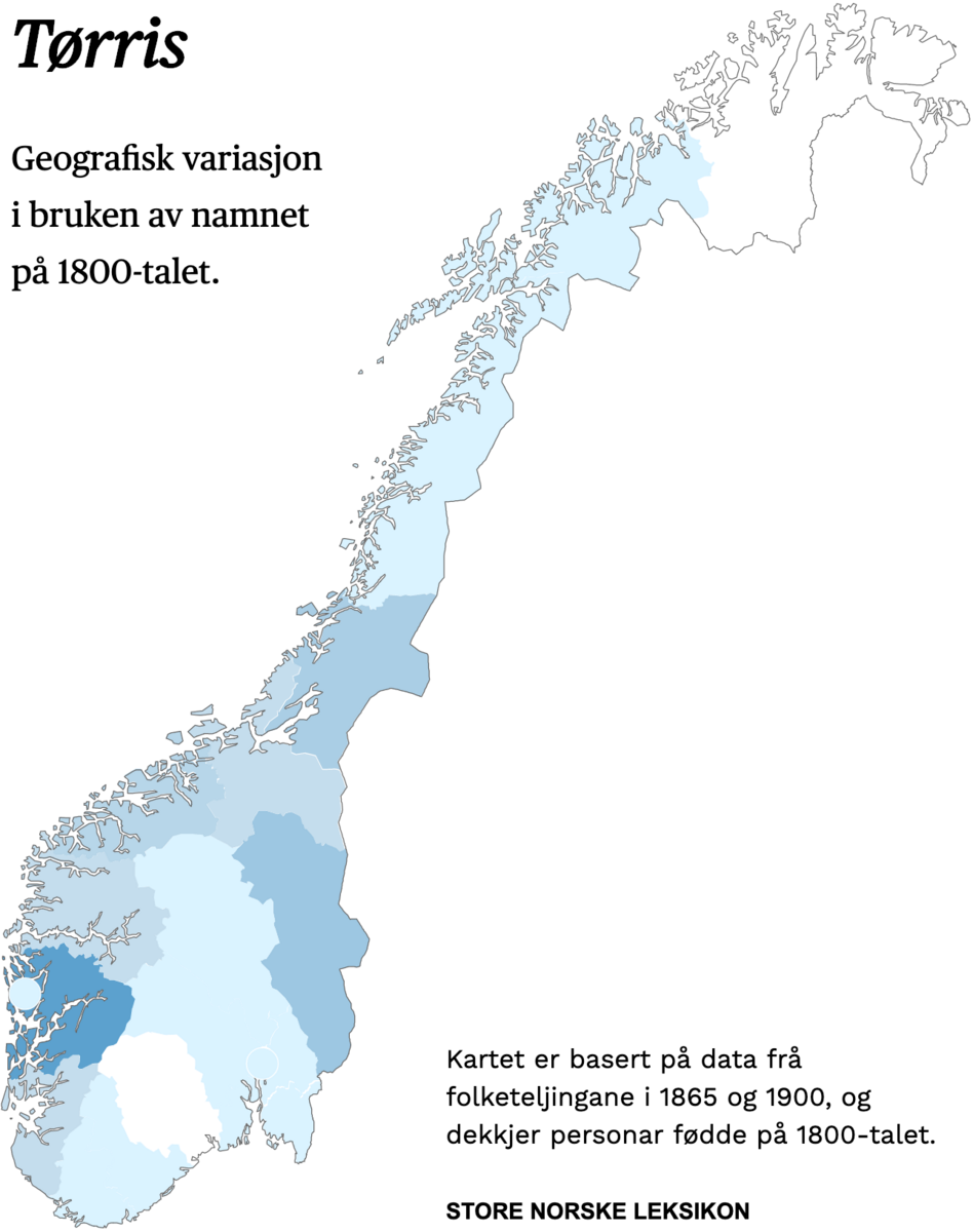 Geografisk variasjon i bruk av namnet Tørris på 1800-talet.