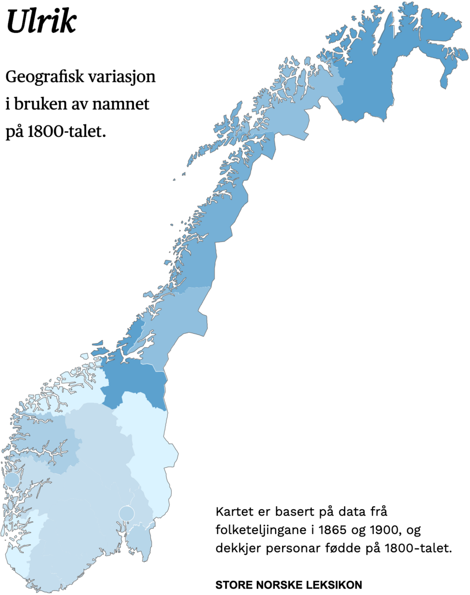 Geografisk variasjon i bruk av namnet Ulrik på 1800-talet.