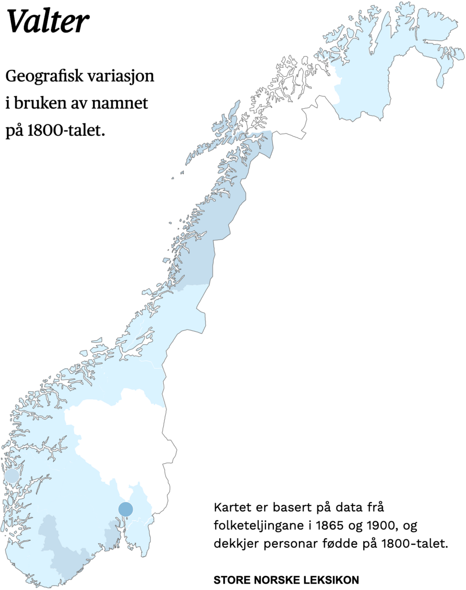 Geografisk variasjon i bruk av namnet Valter på 1800-talet.