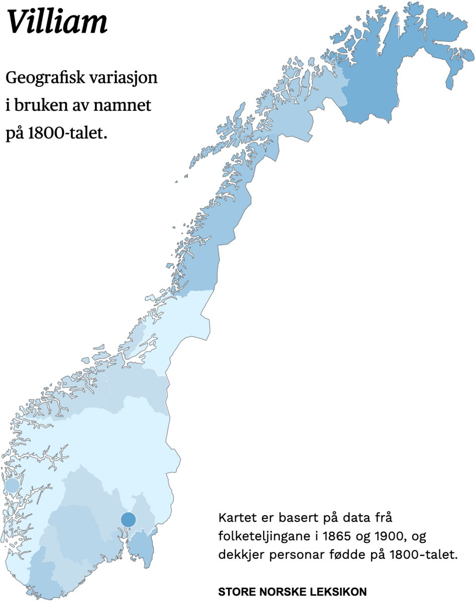 Geografisk variasjon i bruk av namnet Villiam på 1800-talet.