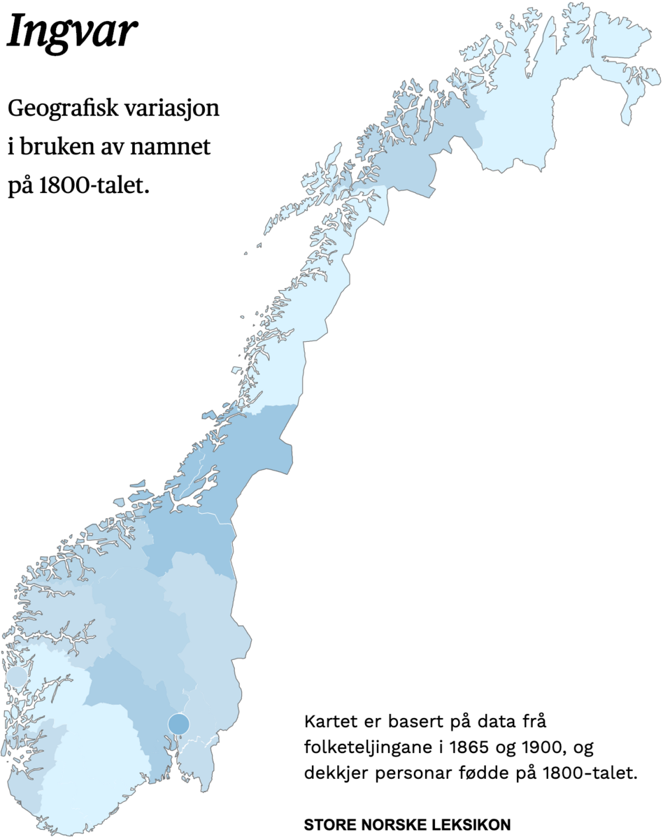 Geografisk variasjon i bruk av namnet Ingvar på 1800-talet.