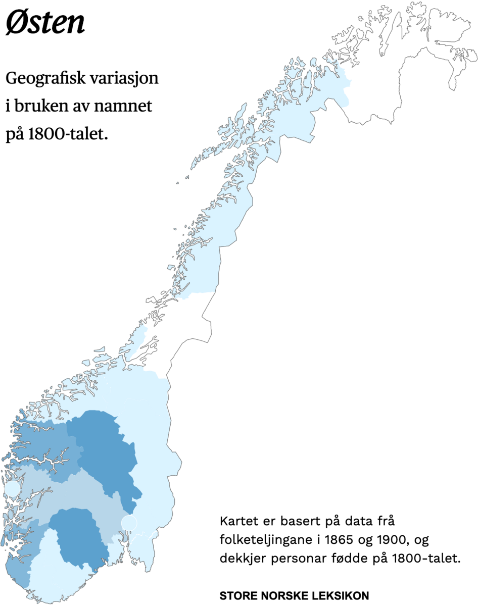 Geografisk variasjon i bruk av namnet Østen på 1800-talet.