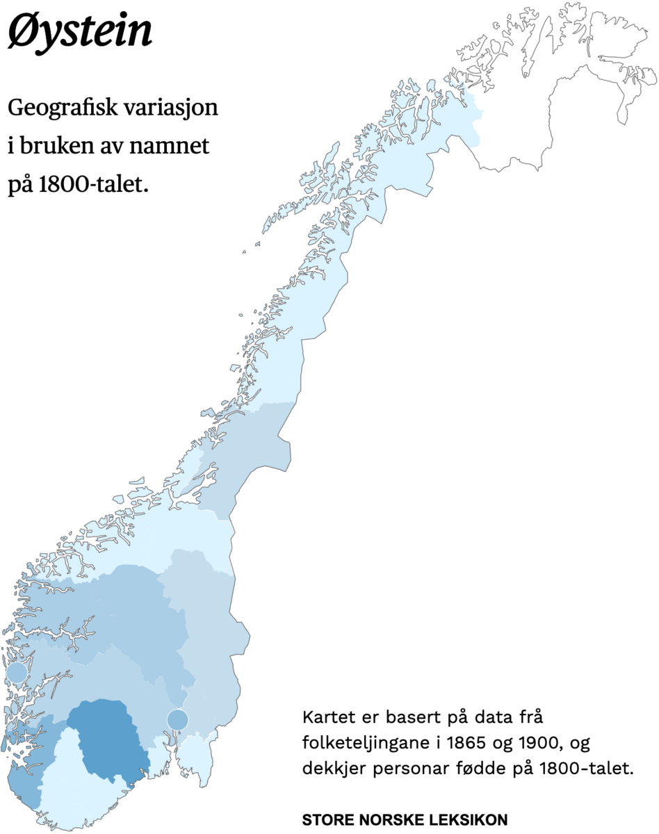 Geografisk variasjon i bruk av namnet Øystein på 1800-talet.
