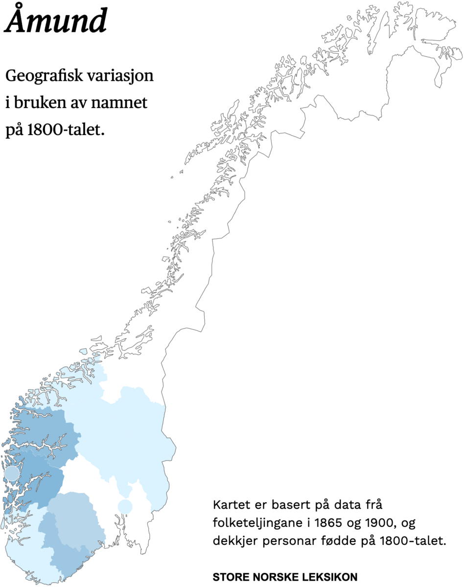 Geografisk variasjon i bruk av namnet Åmund på 1800-talet.