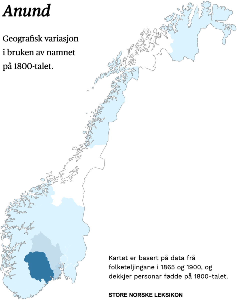 Geografisk variasjon i bruk av namnet Anund på 1800-talet.