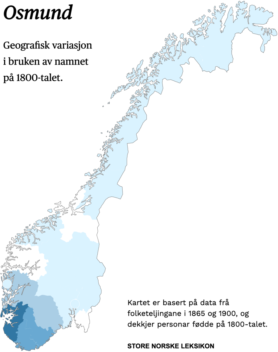 Geografisk variasjon i bruk av namnet Osmund på 1800-talet.