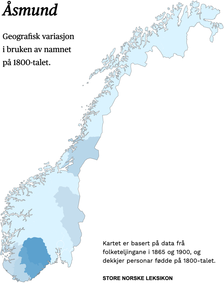 Geografisk variasjon i bruk av namnet Åsmund på 1800-talet.