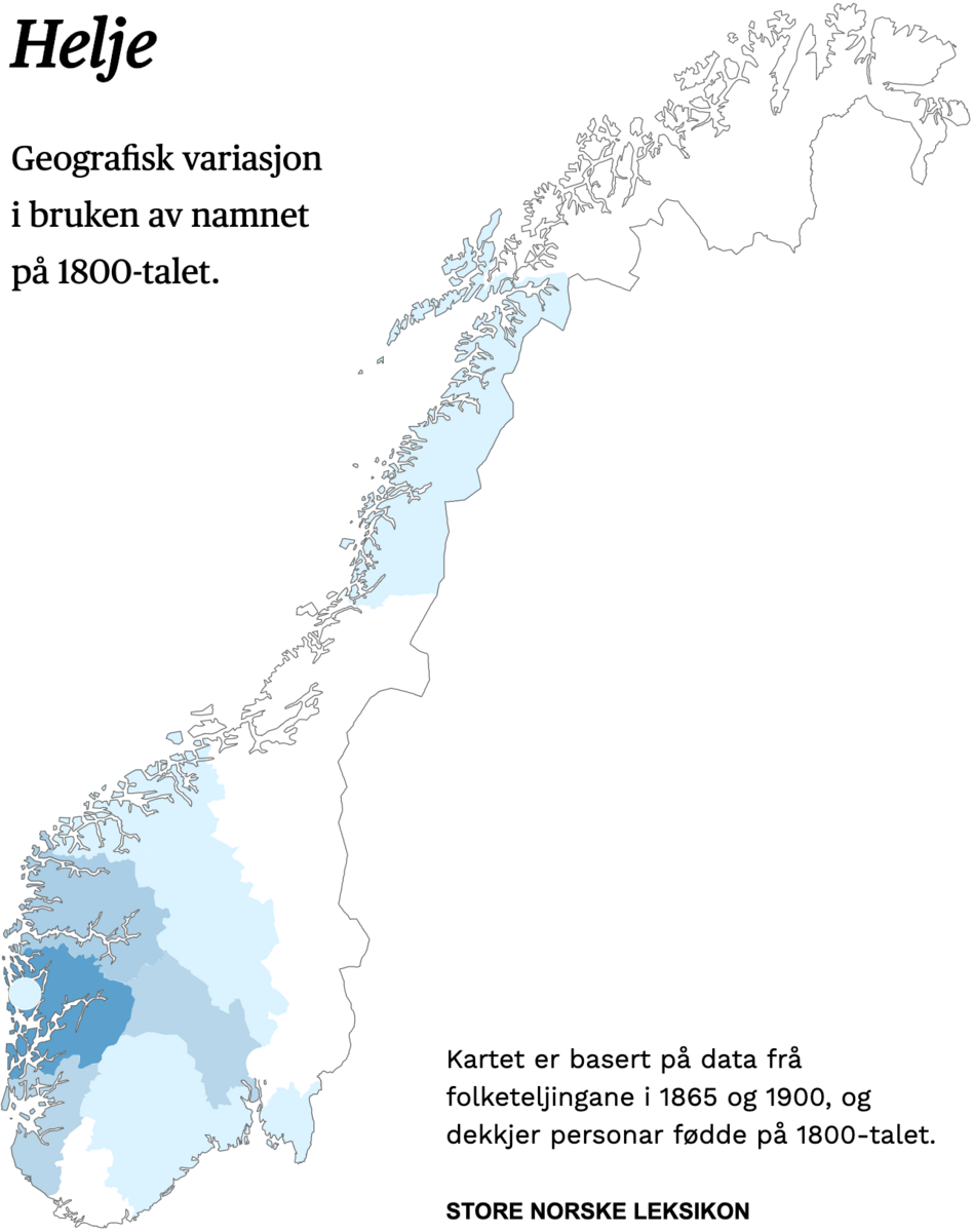 Geografisk variasjon i bruk av namnet Helje på 1800-talet.