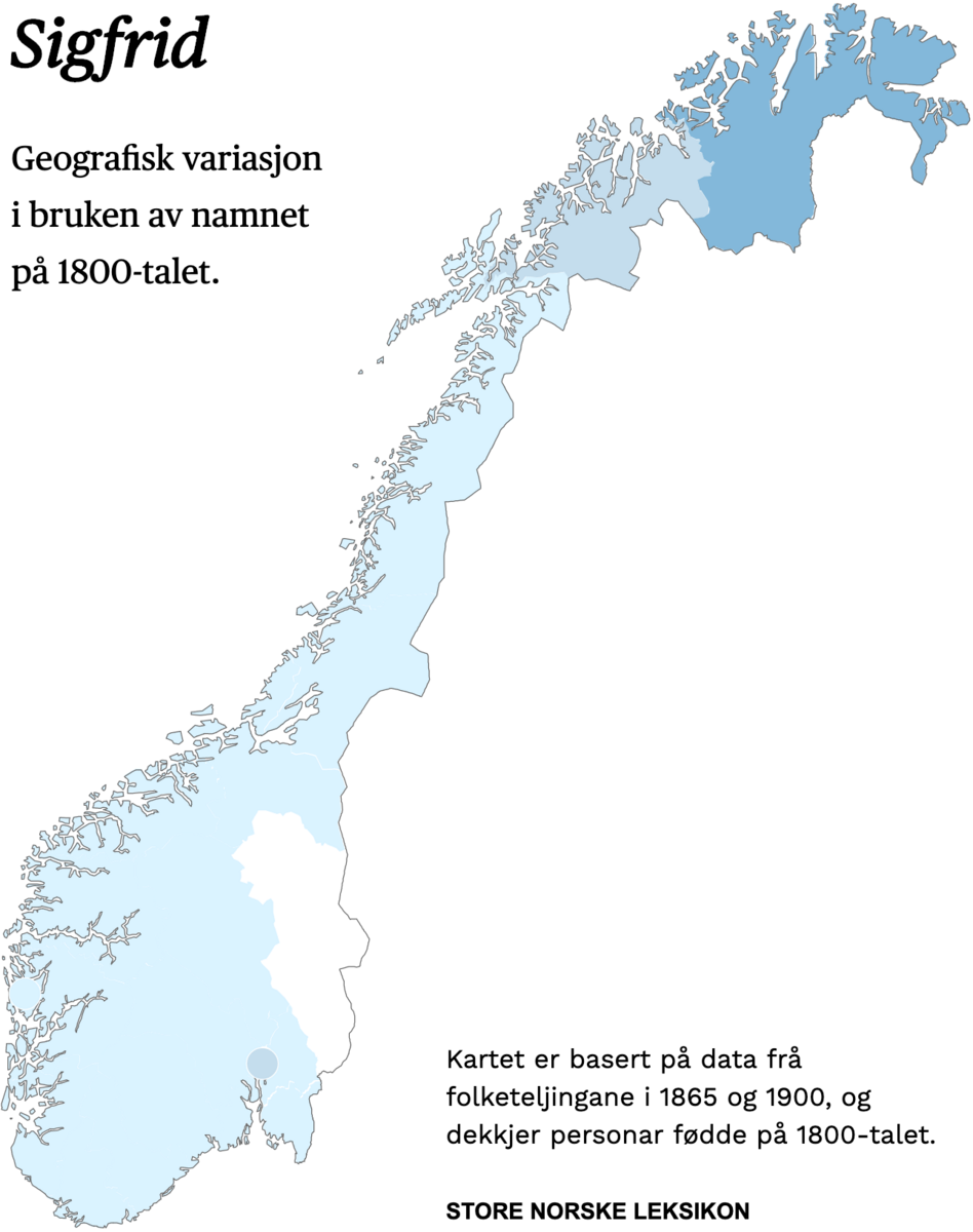 Geografisk variasjon i bruk av namnet Sigfrid på 1800-talet.