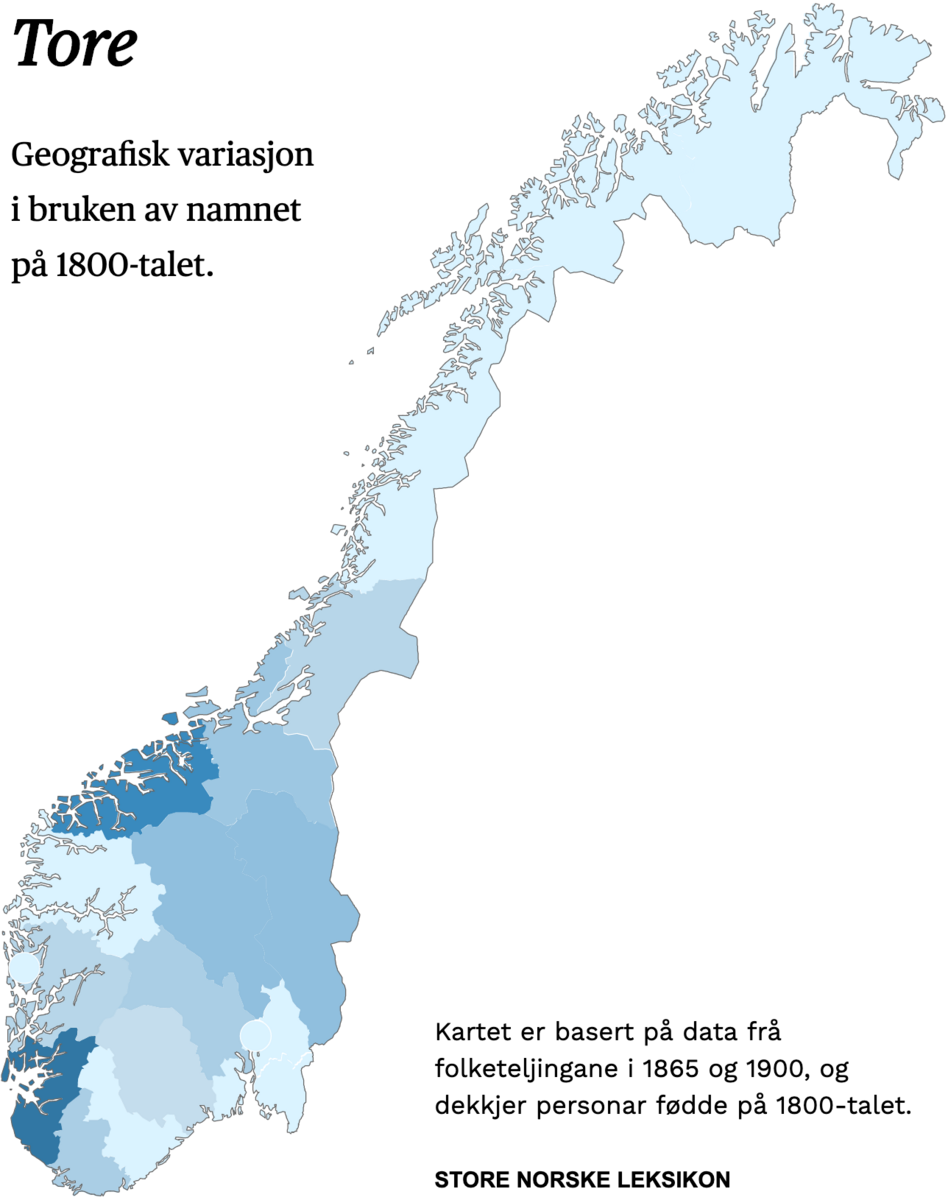 Geografisk variasjon i bruk av namnet Tore på 1800-talet.
