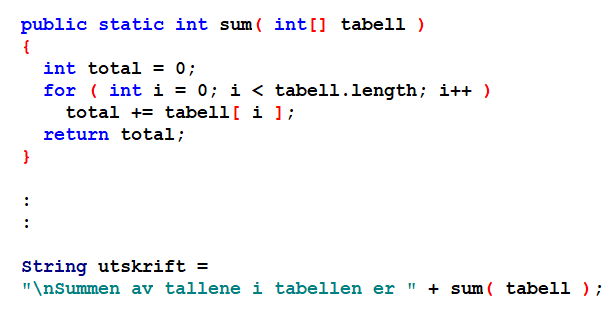 Definisjon og kall på en metode i programmeringsspråket Java
