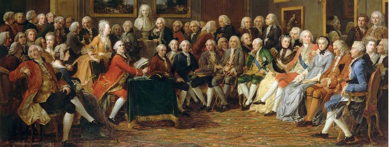 Et maleri med mange kvinner og menn kledt i klær fra 1700-tallet. Noen holder åpne bøker.