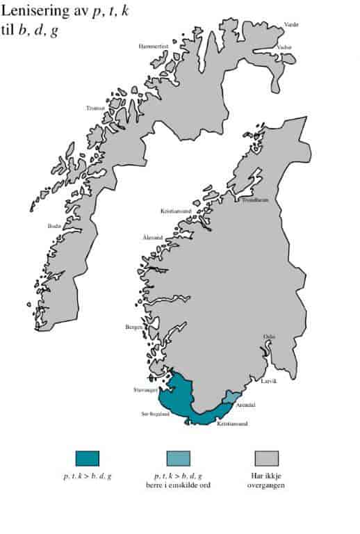Kartet viser utbreiinga av leniserte (blaute) konsonantar i norsk.