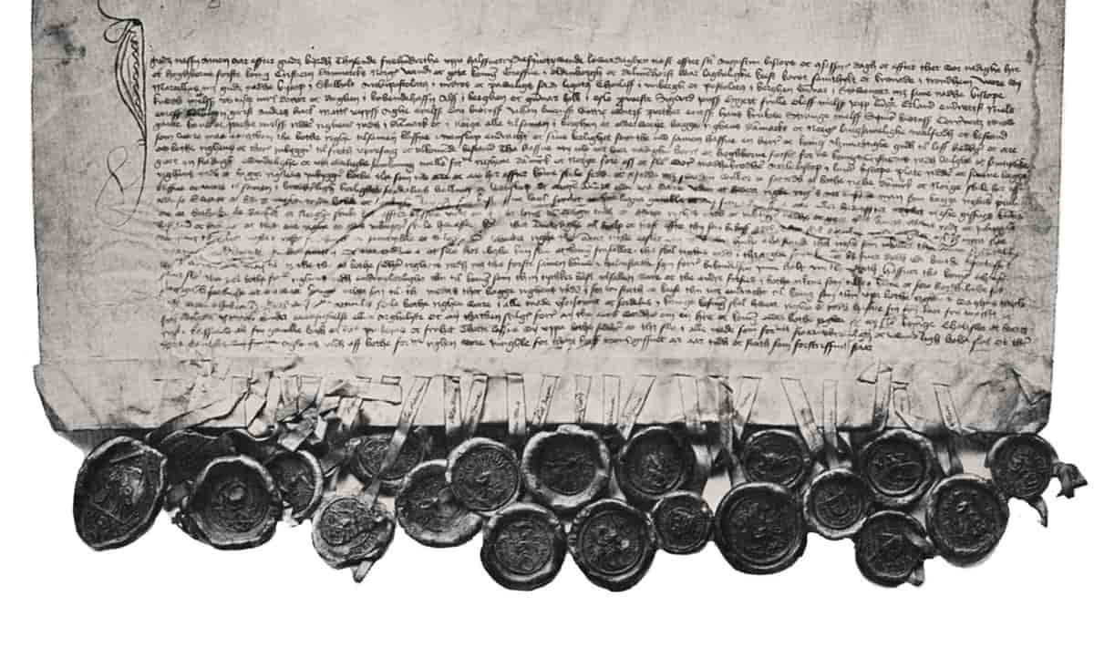 Seglene til de forskjellige medlemmene av riksrådet på unionstraktaten av 1450 mellom Norge og Danmark