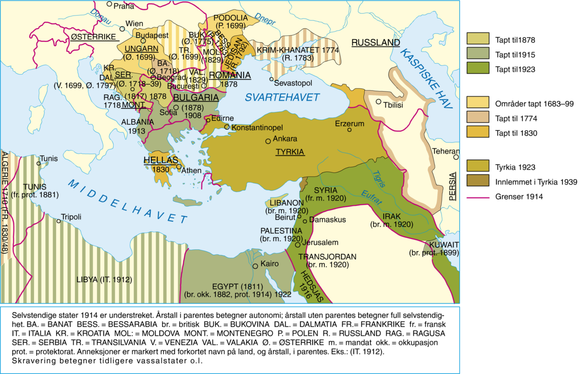 Kart over Det osmanske riket fra 1683 til opprettelsen av det moderne Tyrkia i 1923