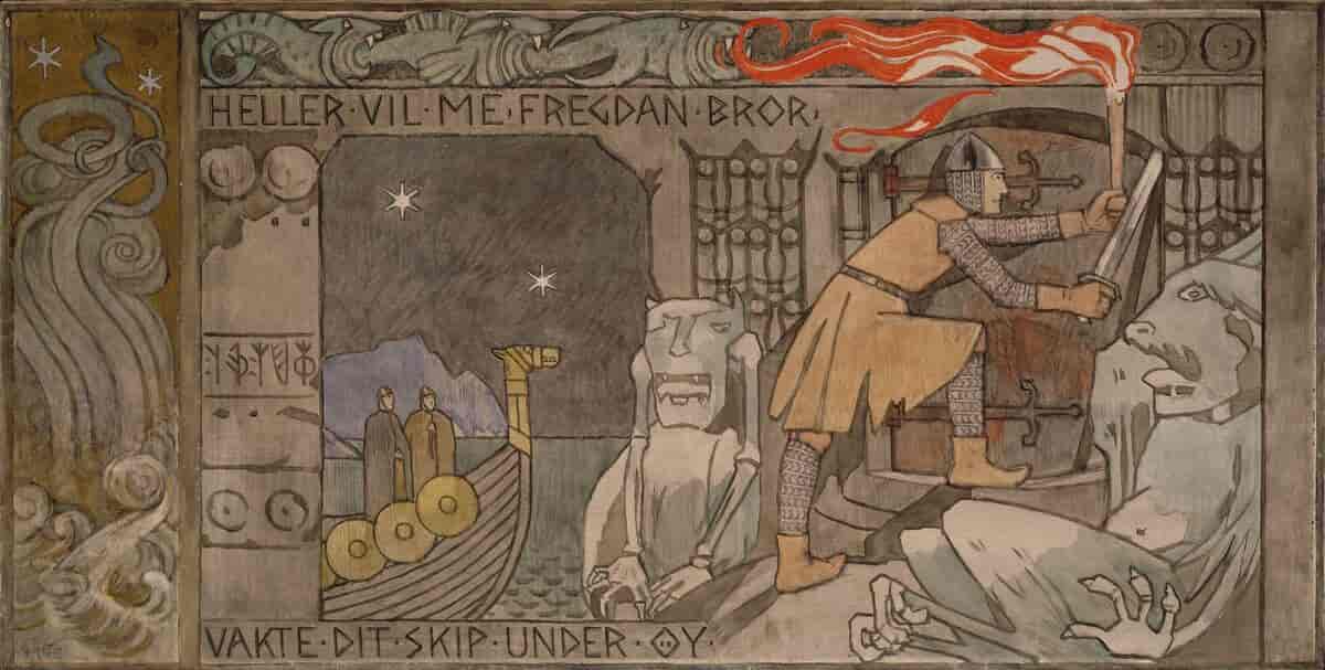 Bildet er en tegning som viser et vikingskip som seiler på en sjø og en vikingmann som sloss med et sverd mot et troll.