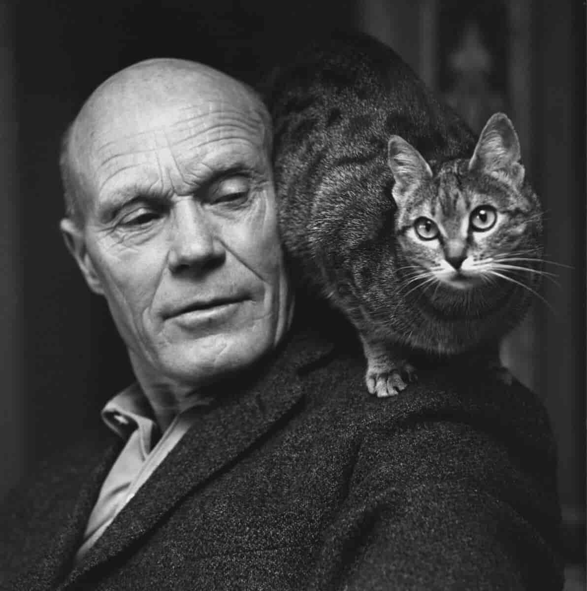 Portrett av Tarjei Vesaas med en katt på skulderen