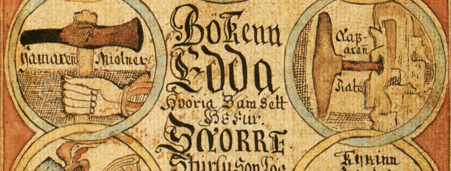 Utsnitt fra omslag på Edda. Det står Edda av Snorre Sturlason med tegninger rundt.