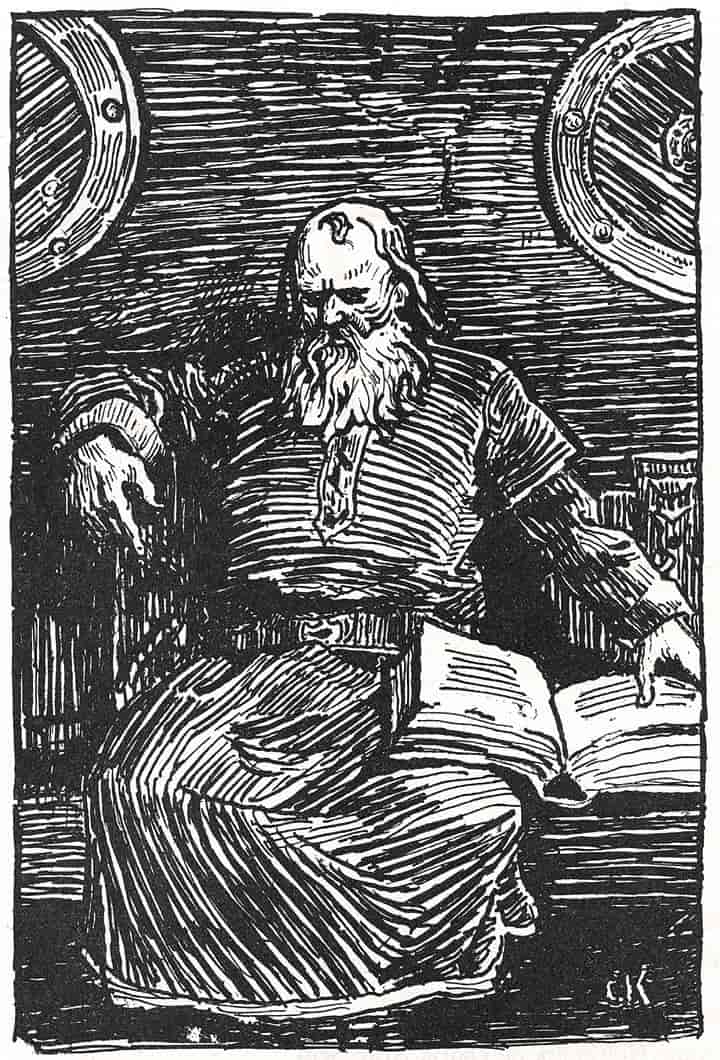 svart/hvit tegning av en mann med langt skjegg som sitter på en stol med en stor bok i fanget.
