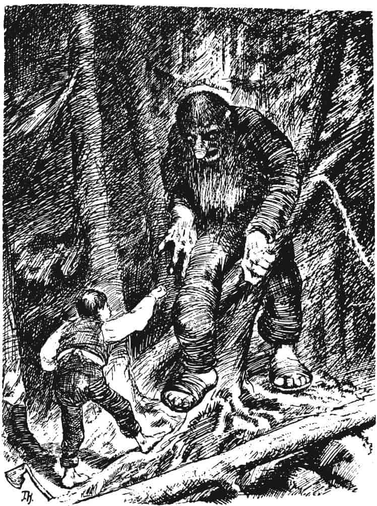 Tegning i svart/hvitt av en gutt som holder hånden fram mot et stort troll.