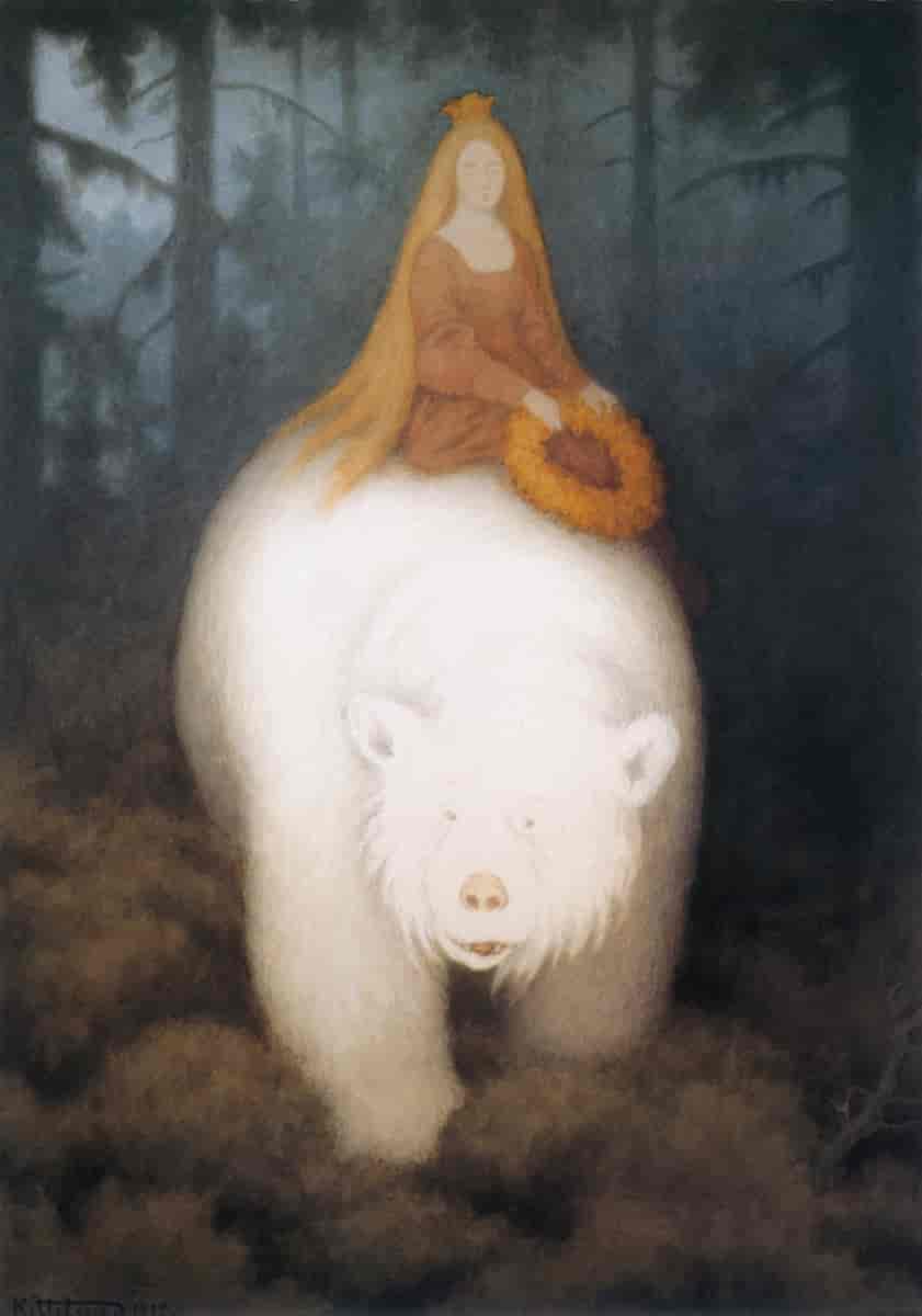 Tegning av en ung kvinne med gullkrone som sitter på ryggen av en isbjørn.