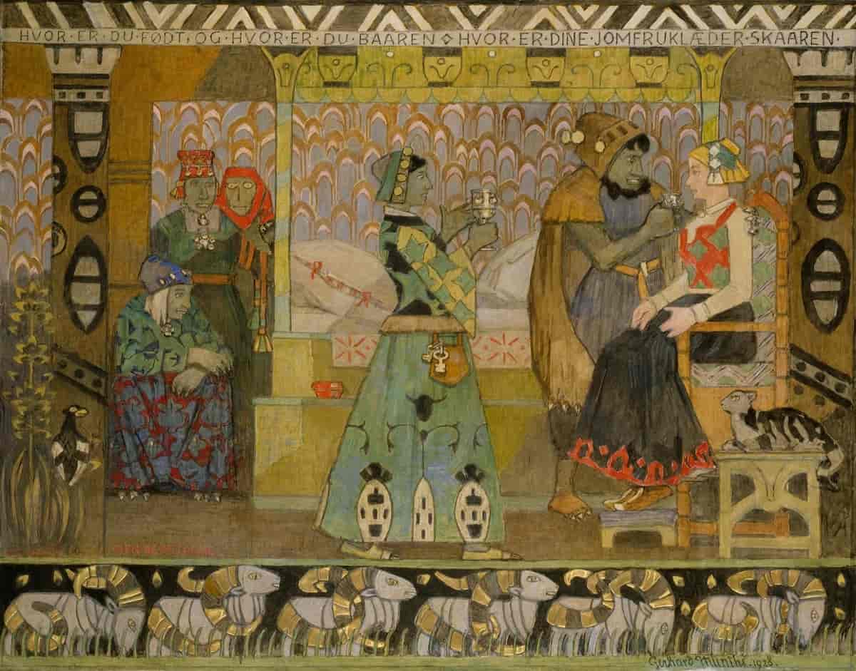 Maleriet viser en ung kvinne som sitter på en seng kledd i bunad. En mann i kappe med svart skjegg tilbyr henne et krus som hun skal drikke.
