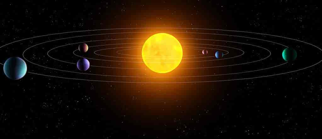 Sola i midten i et mørkt verdensrom, med flere planeter rundt. Det er tegnet sirkler rundt sola som planetene ligger på.