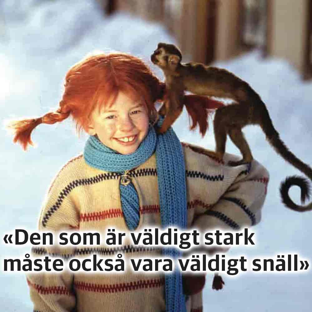 På bildet står det på svensk «Den som är väldigt stark måste också vara väldigt snäll».