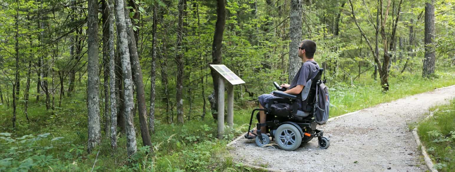 Mann i elektrisk rullestol på tur i skogen. Rullestolen kan kjøre på en gruslagt sti. 