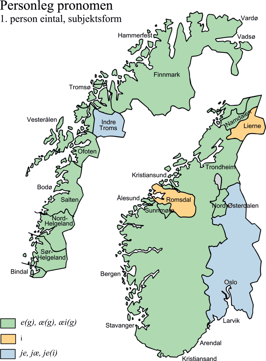 Bildet viser hvor man sier «jeg». Lys grønne felt, som er langs kysten fra ca Arendal og deler av innlandet opp til Nord-Norge viser bruk av «e (g)», «æ (g)» og «æi (g)». Oransje felt i Romsdal og Lierne i Midt-Norge viser bruk av «i». Blå felt, om er Østlandet fra omtrent Larvik og opp mot Nord-Østerdalen  og Indre Troms viser bruk av «je», «jæ» og «je (g)»