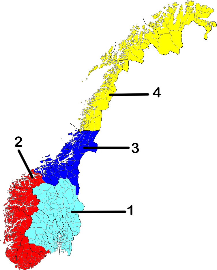 kartet viser fire områder, markert i ulike farger