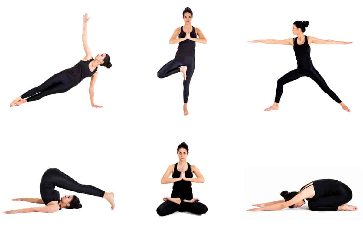 Foto av person som viser seks forskjellige yogaøvelser
