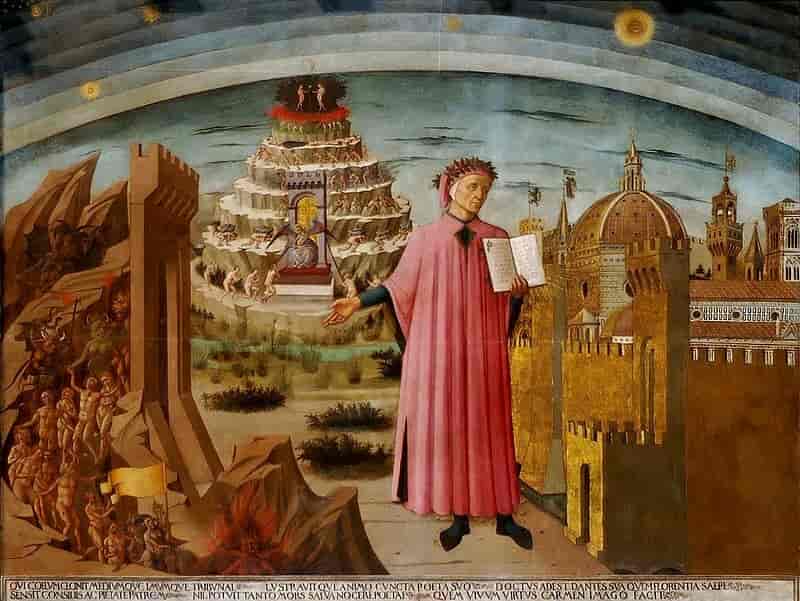 Bildet viser et maleri av en mann i rosa kappe som holder en bok. Rundt ham kan man se deler av byen Firenze og bilder fra noen av figurene i verket hans Den guddommelige komedie.