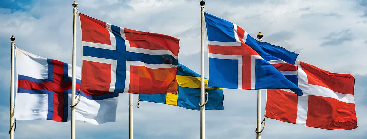 Færøysk, norsk, svensk, islandsk og dansk flagg.