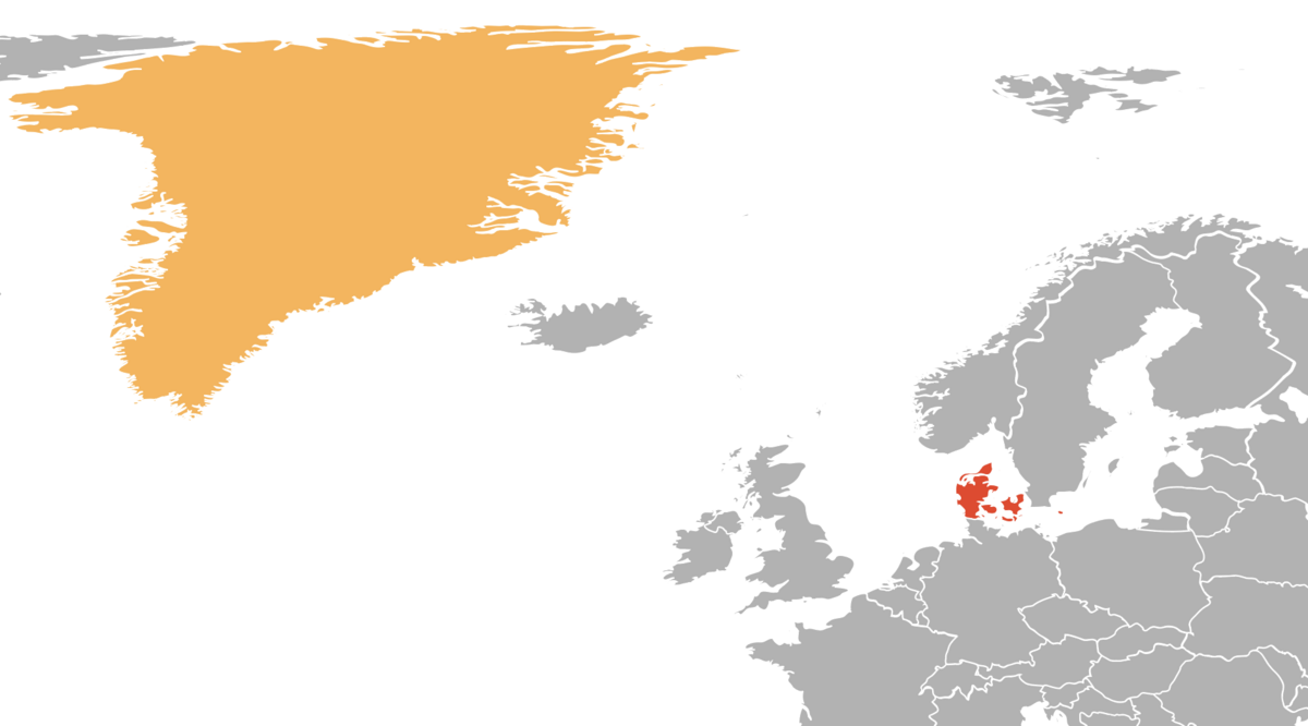 Rødt viser Danmark, gult viser Grønland.