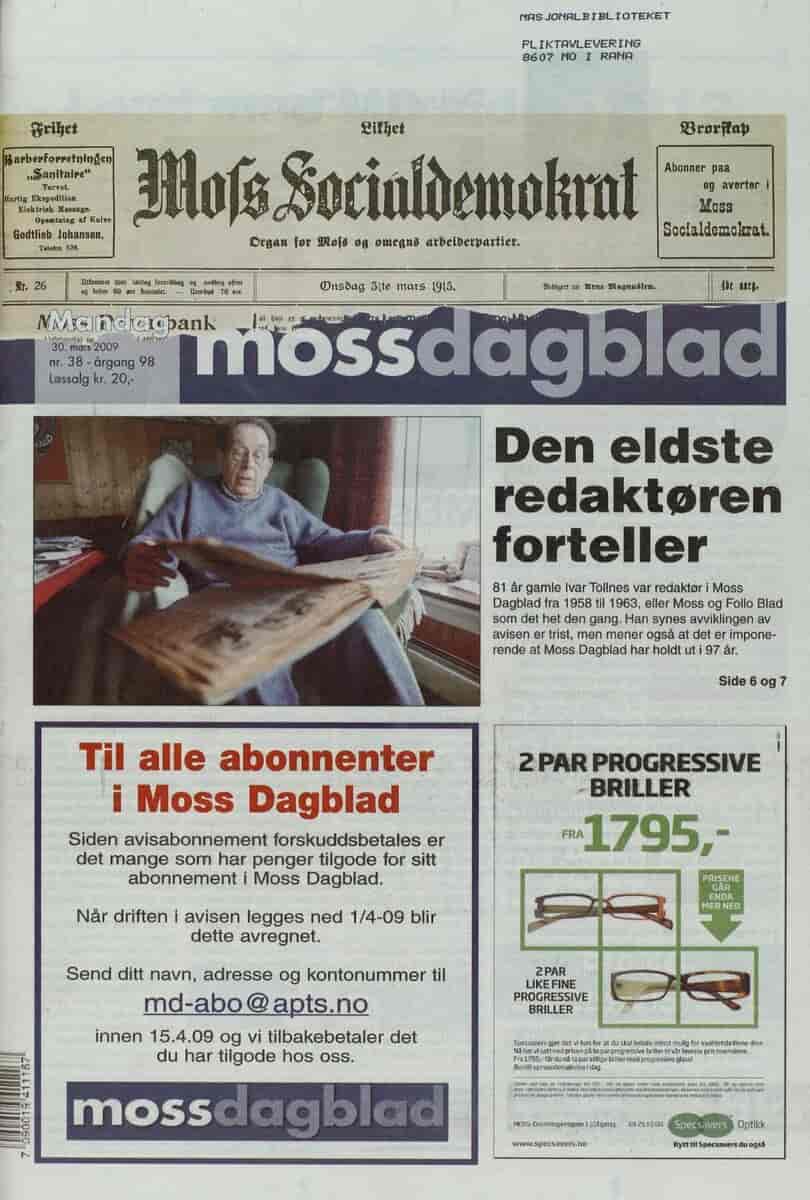 Forside av Moss Dagblad