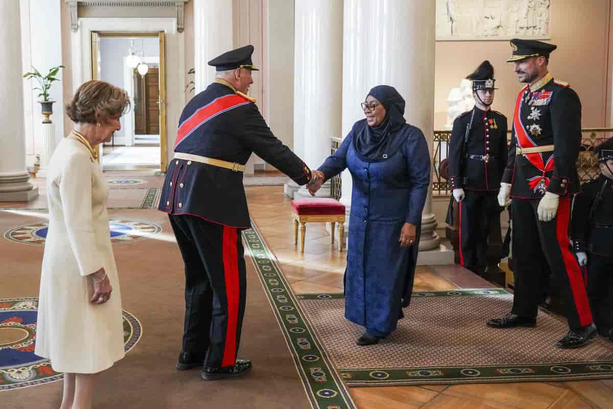 Foto av kong Harald som tar Samia Sulu Hassan i hånda. Bak kongen står dronning Sonja, bak Hassan står kronprins Haakon.