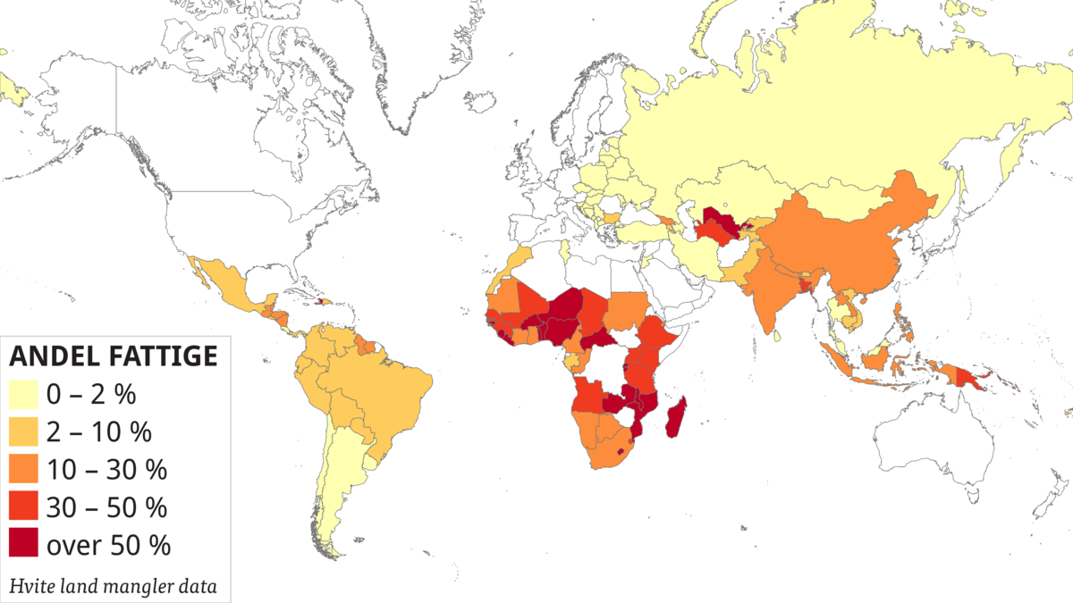 Kart med fargar som viser fattigdom i verda. Det er flest land med sterk raud farge i Afrika, men òg nokre i Asia.