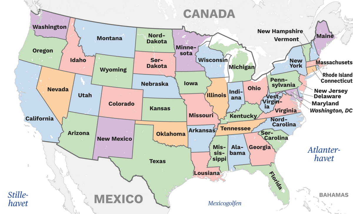 Kart over dei 48 delstatane i hovuddelen av USA, i tillegg kjem delstatane Alaska og Hawaii