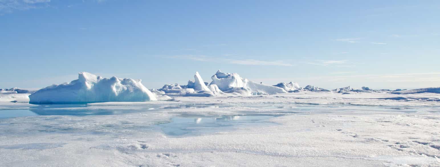 Et landkskap helt dekket av is og små isfjell