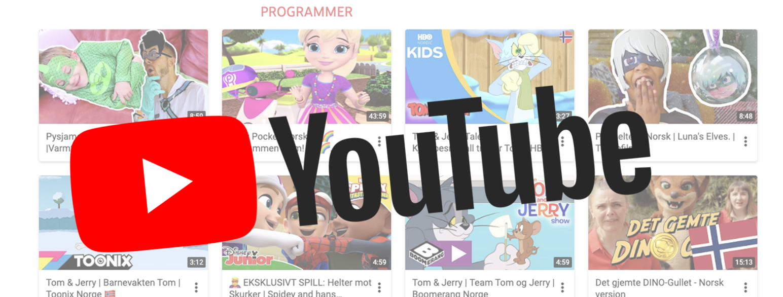 Logoen til YouTube med forskjellige barneprogrammer i bakgrunnen.
