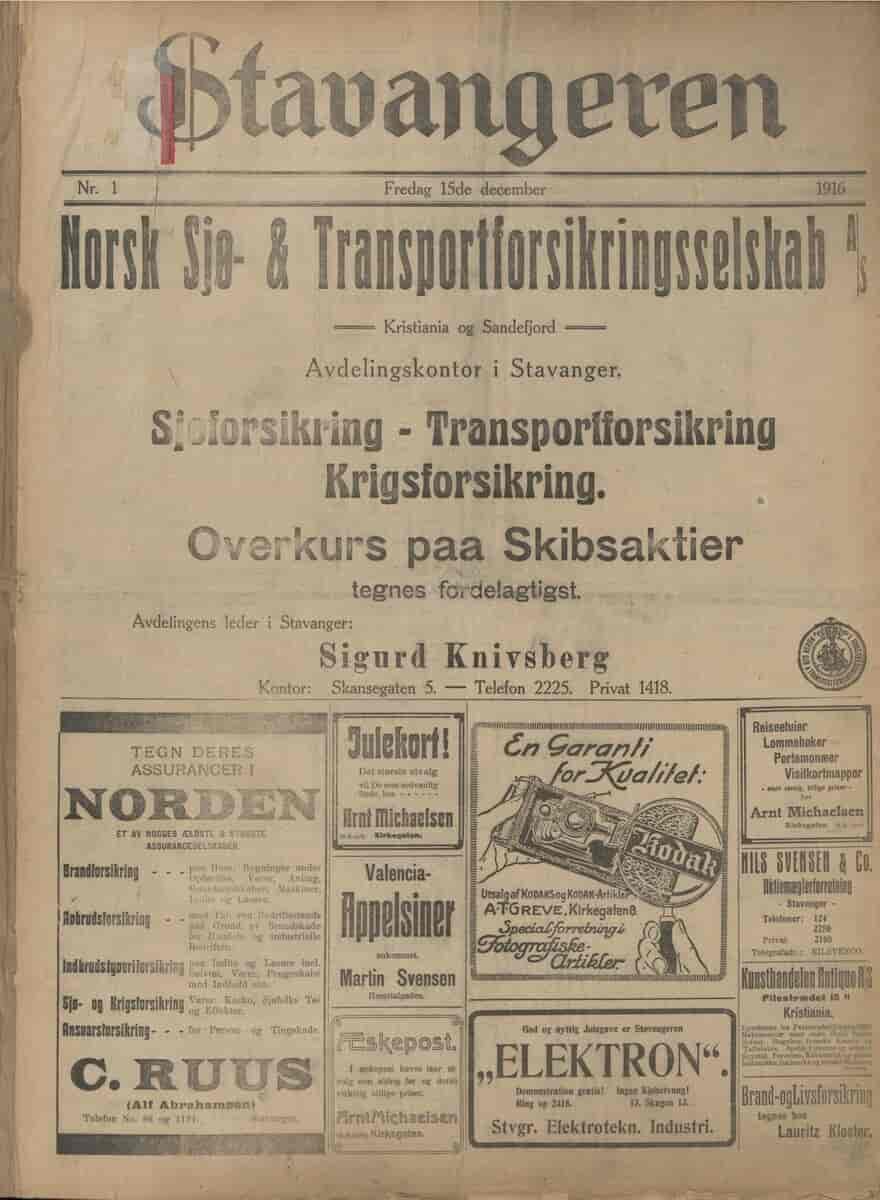 Forside av Stavangeren (avis 1916-1964)