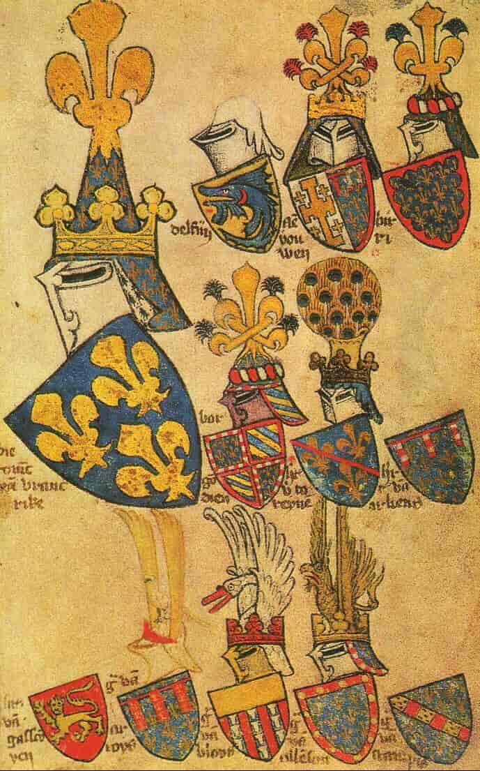 Blad 46r i våpenboken fra Gelre fra ca. 1400