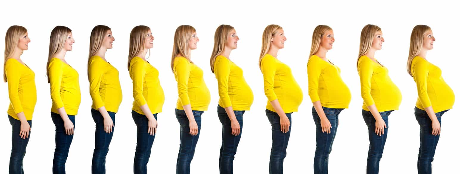 Mange bilder av samme kvinne gjennom graviditeten, som viser hvordan magen vokser. På første bilde har hun ganske flat mage, på siste bildet er magen veldig stor og rund