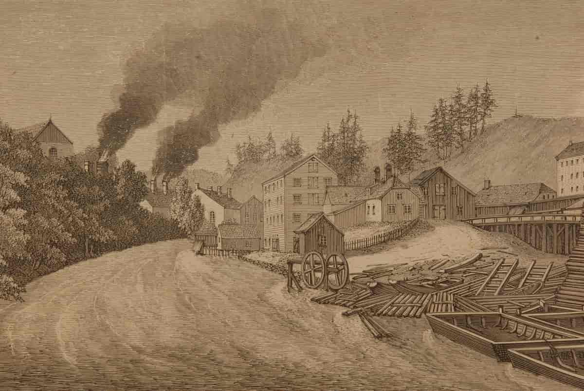 «Fritzøe Jernværk i Laurvig», litografi fra 1843
