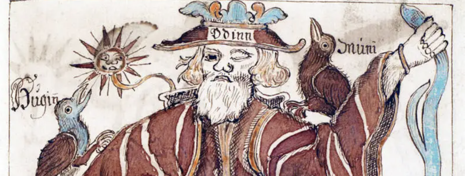 Odin og ravnene hans, Hugin og Munin fra Edda.