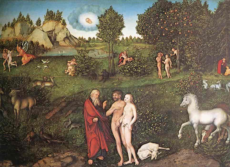 Et maleri som viser et landskap med dyr og mennesker. menneskene er nakne, og alle er sammen i par. Det er også dyrene. En mann og en kvinne, Adam og Eva, står og snakker med en gammel mann med langt hår og skjegg, gkledd i en rød kappe og en blå kjortel