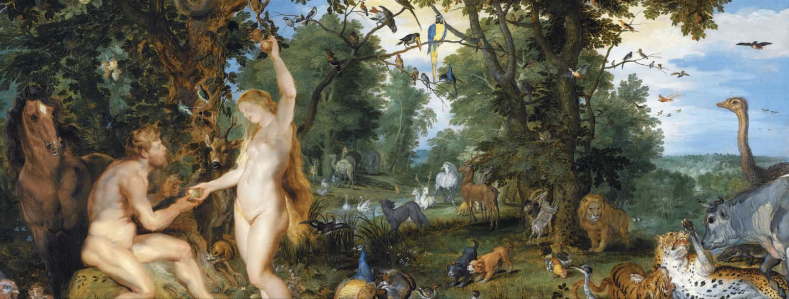 En naken kvinne og mann i en hage med mange dyr rundt. Det er grønt og frodig og himmelen er blå. Kvinnen har plukket en frukt fra et tre som hun gir til mannen.