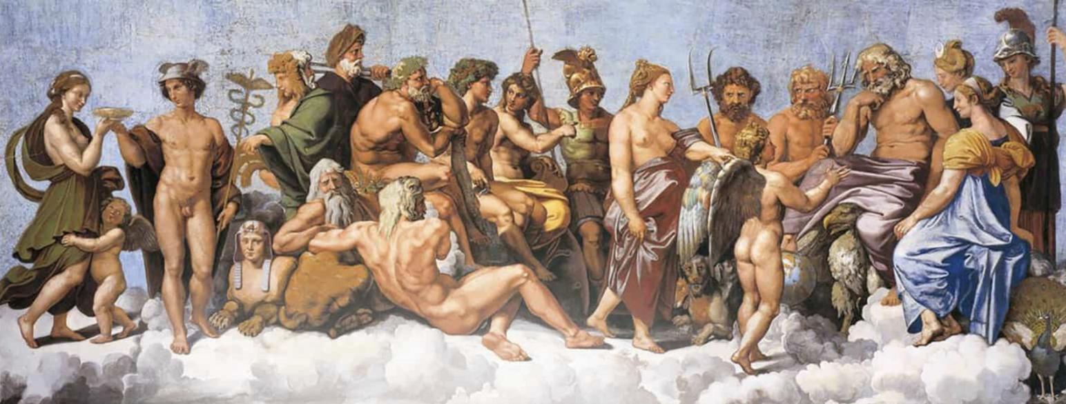 Freske, som er et veggmaleri viser forskjellige guder og gudinner som sitter på hvite skyer. 